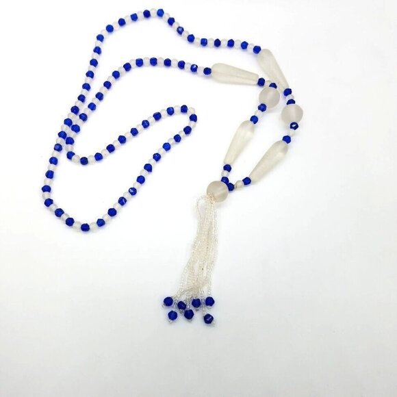 Vintage Glass Bead Tassel Necklace 31" Long Blue Clear Beads For Elegant Style - Picture 6 of 11